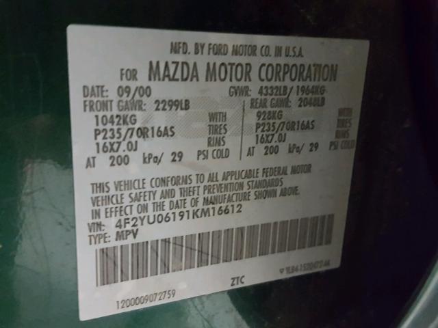 4F2YU06191KM16612 - 2001 MAZDA TRIBUTE DX GREEN photo 10