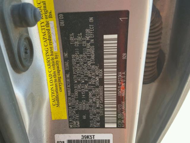 5TFEY5F15AX080092 - 2010 TOYOTA TUNDRA CRE GRAY photo 10