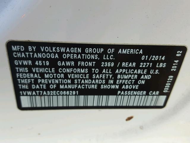 1VWAT7A32EC066291 - 2014 VOLKSWAGEN PASSAT S WHITE photo 10