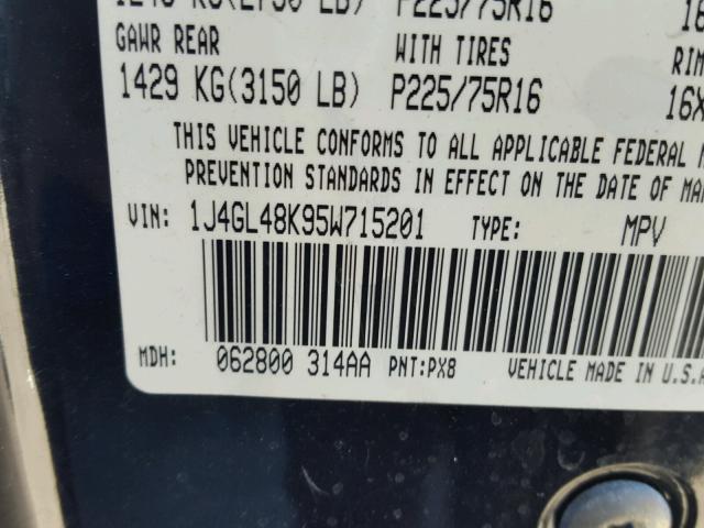 1J4GL48K95W715201 - 2005 JEEP LIBERTY SP BLACK photo 10