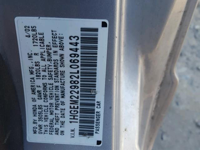 1HGEM22982L069443 - 2002 HONDA CIVIC EX 银色 照片 10