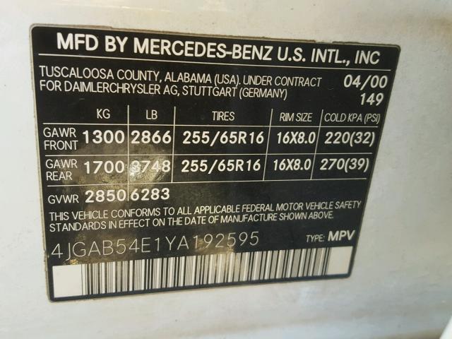 4JGAB54E1YA192595 - 2000 MERCEDES-BENZ ML 320 WHITE photo 10