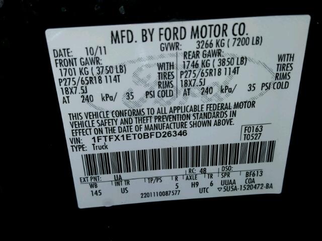 1FTFX1ET0BFD26346 - 2011 FORD F150 SUPER BLACK photo 10