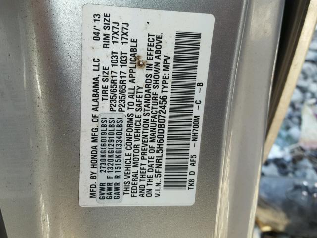 5FNRL5H60DB072456 - 2013 HONDA ODYSSEY EX SILVER photo 10