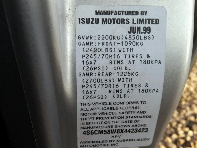 4S6CM58W8X4423423 - 1999 HONDA PASSPORT E 银色 照片 10