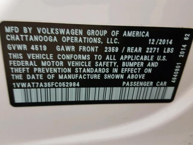 1VWAT7A35FC052984 - 2015 VOLKSWAGEN PASSAT S أبيض صورة 10