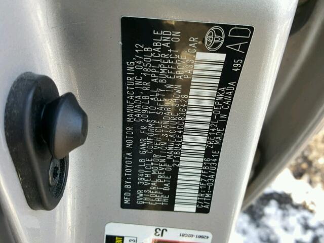 2T1BU4EE4CC836428 - 2012 TOYOTA COROLLA BA SILVER photo 10