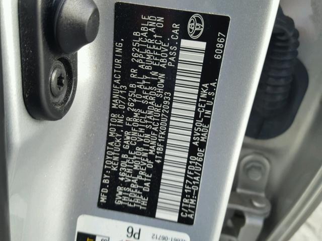 4T1BF1FK0DU720933 - 2013 TOYOTA CAMRY L SILVER photo 10