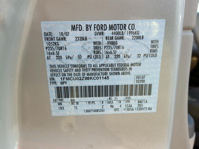 1FMCU02Z98KC01145 - 2008 FORD ESCAPE XLS GRAY photo 10