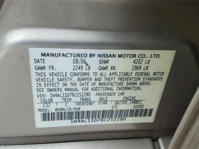 1N4AL11D76C252280 - 2006 NISSAN ALTIMA S TAN photo 10