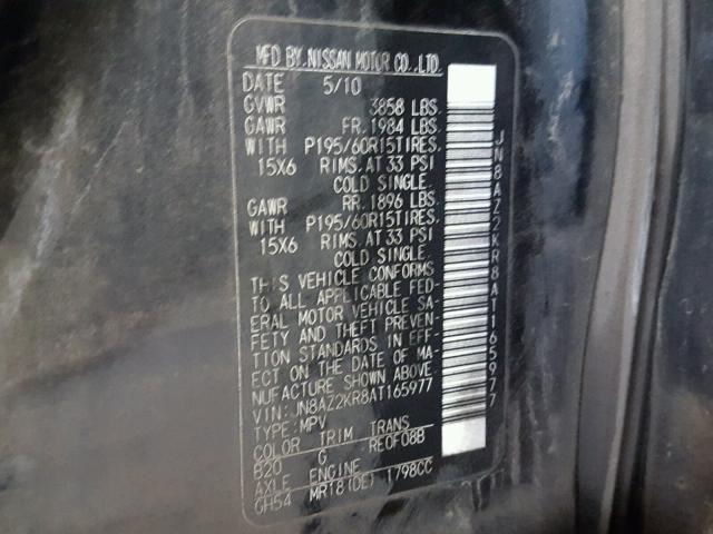 JN8AZ2KR8AT165977 - 2010 NISSAN CUBE BASE BLACK photo 10