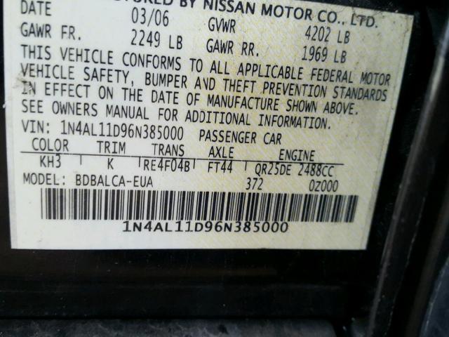 1N4AL11D96N385000 - 2006 NISSAN ALTIMA S BLACK photo 10