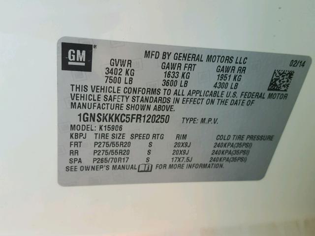 1GNSKKKC5FR120250 - 2015 CHEVROLET SUBURBAN K WHITE photo 10