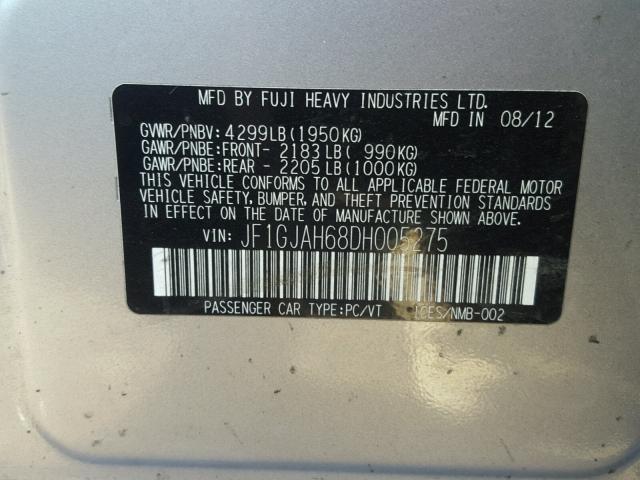 JF1GJAH68DH005275 - 2013 SUBARU IMPREZA LI SILVER photo 10