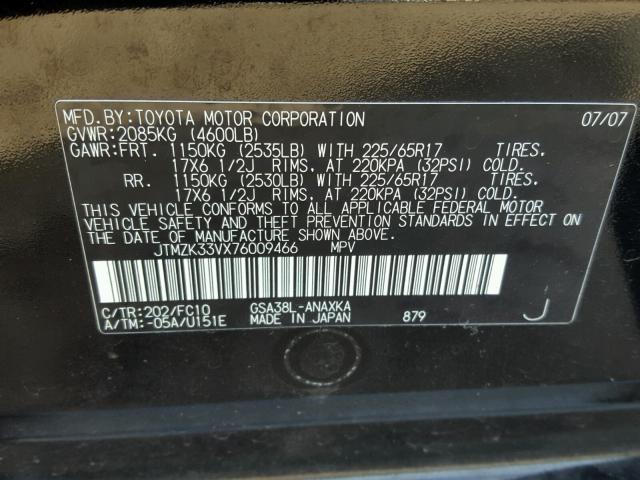 JTMZK33VX76009466 - 2007 TOYOTA RAV4 BLACK photo 10