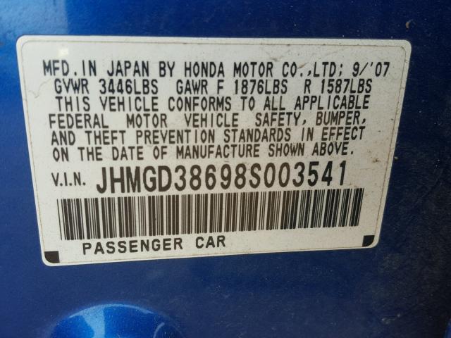 JHMGD38698S003541 - 2008 HONDA FIT SPORT BLUE photo 10