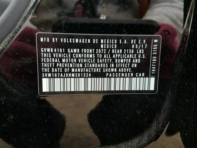 3VW167AJ9HM381324 - 2017 VOLKSWAGEN JETTA S 黑色 照片 10