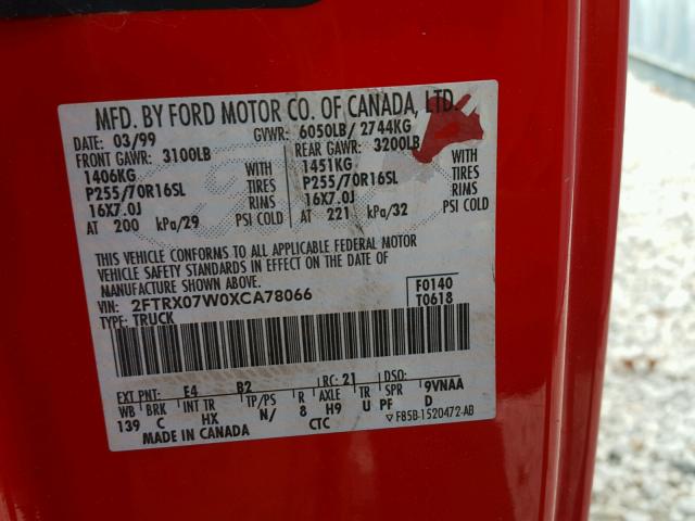 2FTRX07W0XCA78066 - 1999 FORD F150 RED photo 10