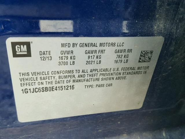 1G1JC6SB0E4151216 - 2014 CHEVROLET SONIC LT BLUE photo 10