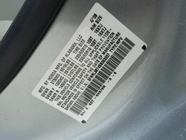 5FNRL38748B063357 - 2008 HONDA ODYSSEY EX GRAY photo 10