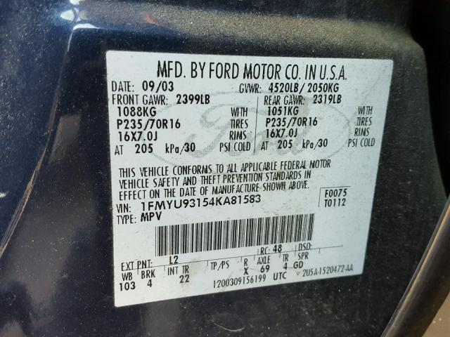 1FMYU93154KA81583 - 2004 FORD ESCAPE XLT BLUE photo 10