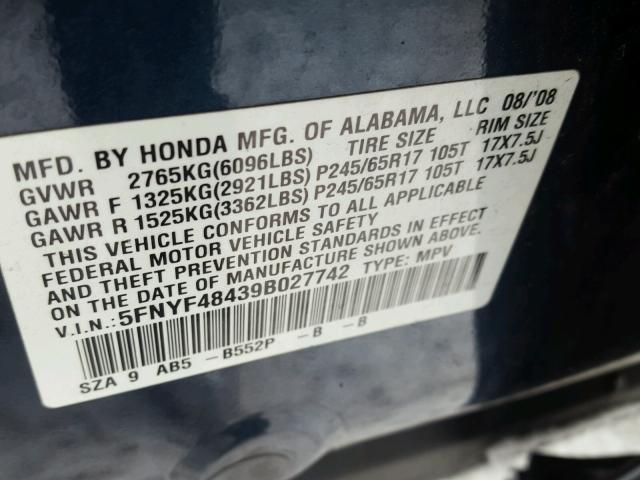 5FNYF48439B027742 - 2009 HONDA PILOT EX BLUE photo 10