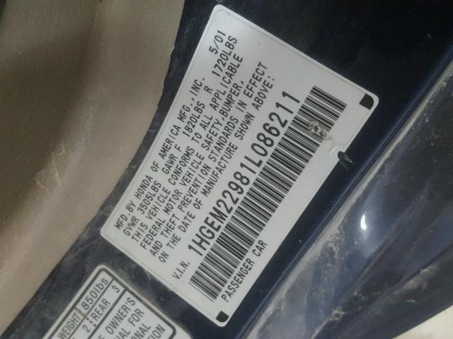 1HGEM22981L086211 - 2001 HONDA CIVIC SI BLUE photo 10