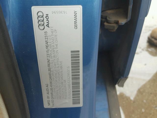 WAULC68E42A295315 - 2002 AUDI A4 1.8T QU BLUE photo 10