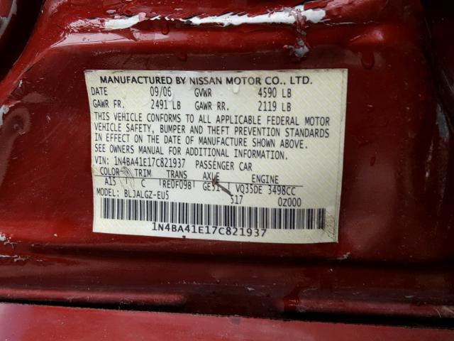 1N4BA41E17C821937 - 2007 NISSAN MAXIMA SE RED photo 10