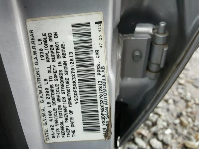 YS3DF58K327012813 - 2002 SAAB 9-3 SE SILVER photo 10