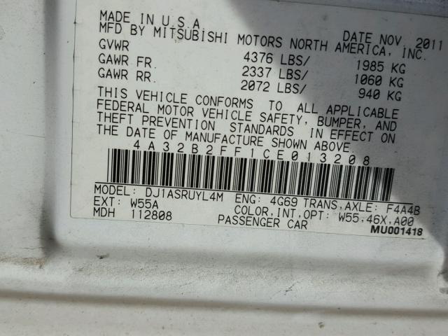 4A32B2FF1CE013208 - 2012 MITSUBISHI GALANT FE WHITE photo 10