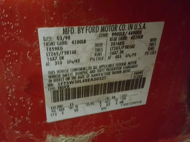 1FTSW30L4XEA50321 - 1999 FORD F350 SRW S RED photo 10