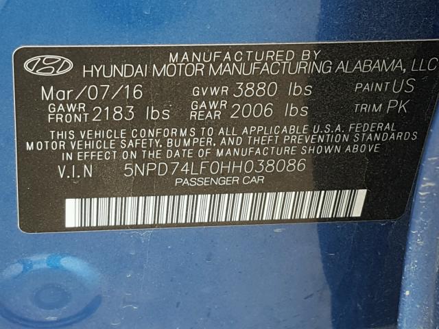 5NPD74LF0HH038086 - 2017 HYUNDAI ELANTRA SE BLUE photo 10