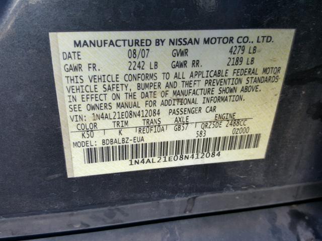 1N4AL21E08N412084 - 2008 NISSAN ALTIMA 2.5 CHARCOAL photo 10