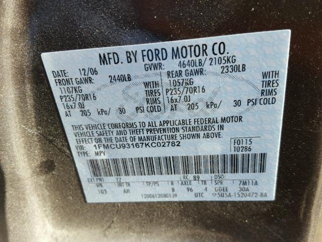 1FMCU93167KC02782 - 2007 FORD ESCAPE XLT CHARCOAL photo 10