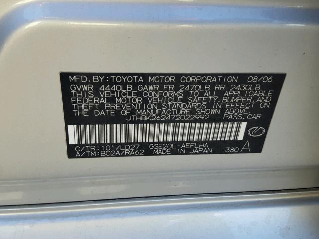 JTHBK262472022992 - 2007 LEXUS IS 250 SILVER photo 10