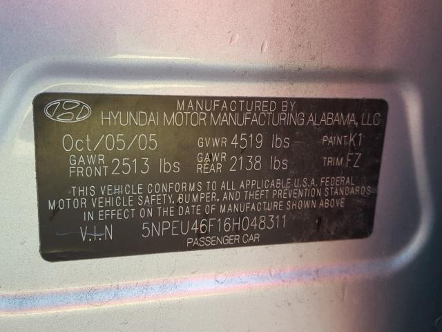 5NPEU46F16H048311 - 2006 HYUNDAI SONATA GLS SILVER photo 10