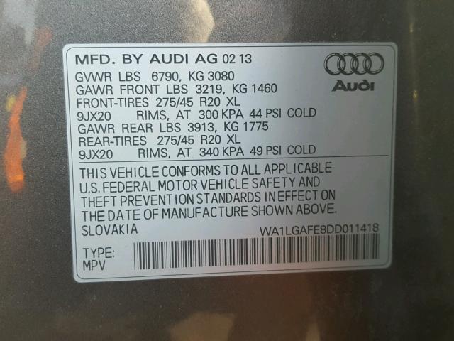 WA1LGAFE8DD011418 - 2013 AUDI Q7 PREMIUM GRAY photo 10