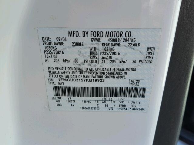 1FMCU03157KB19923 - 2007 FORD ESCAPE XLT WHITE photo 10