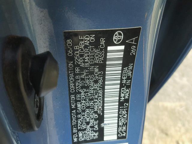 JTDKB20U687798413 - 2008 TOYOTA PRIUS BLUE photo 10