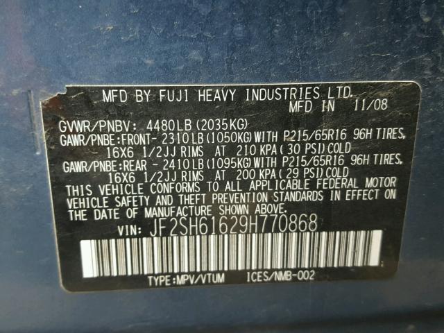 JF2SH61629H770868 - 2009 SUBARU FORESTER 2 BLUE photo 10