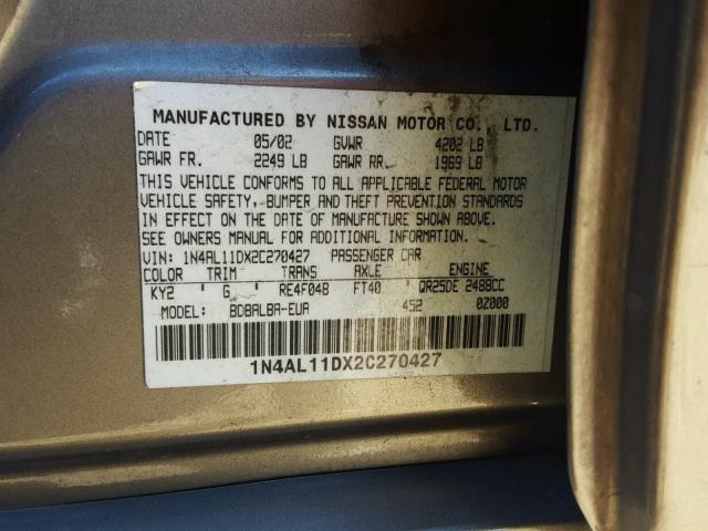 1N4AL11DX2C270427 - 2002 NISSAN ALTIMA BAS TAN photo 10