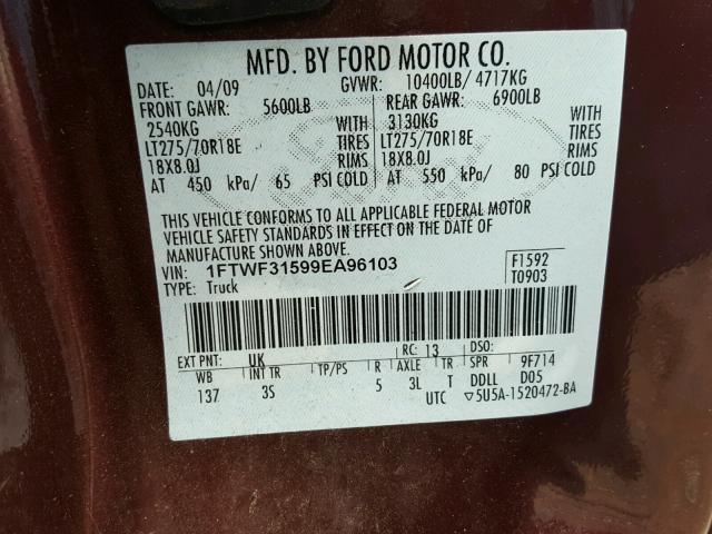 1FTWF31599EA96103 - 2009 FORD F350 SUPER BURGUNDY photo 10