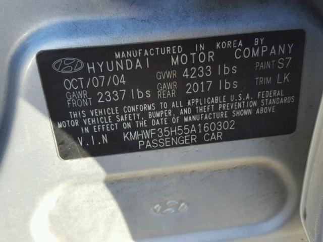 KMHWF35H55A160302 - 2005 HYUNDAI SONATA GLS SILVER photo 10