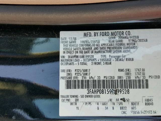 3FAHP08159R199528 - 2009 FORD FUSION SEL BLACK photo 10