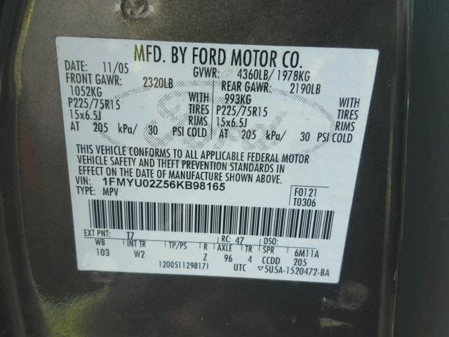 1FMYU02Z56KB98165 - 2006 FORD ESCAPE XLS BROWN photo 10