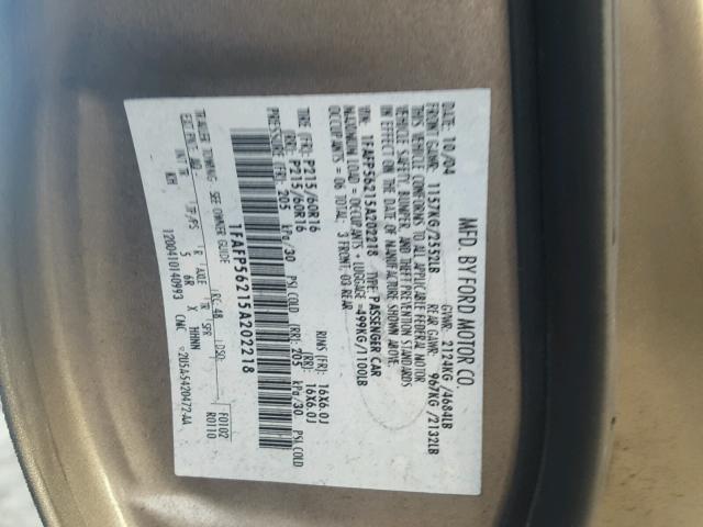 1FAFP56215A202218 - 2005 FORD TAURUS SEL BROWN photo 10