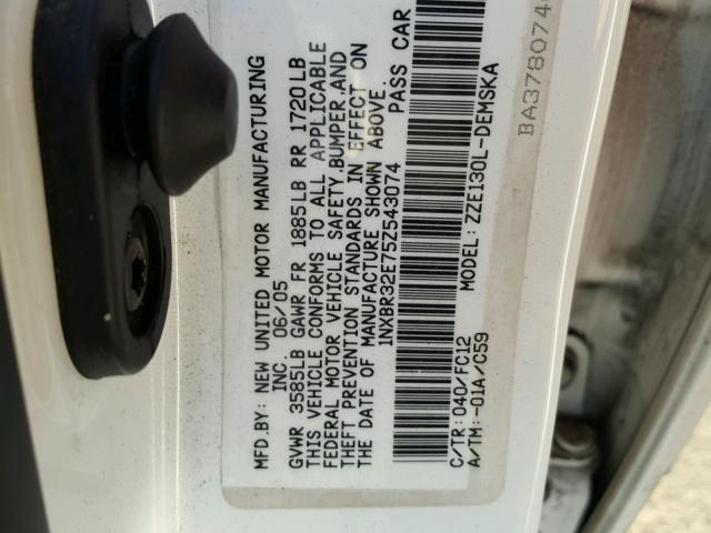 1NXBR32E75Z543074 - 2005 TOYOTA COROLLA CE WHITE photo 10