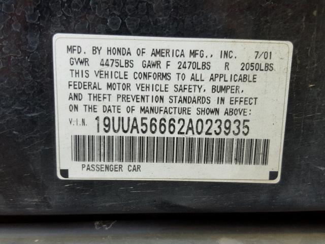 19UUA56662A023935 - 2002 ACURA 3.2TL BLACK photo 10