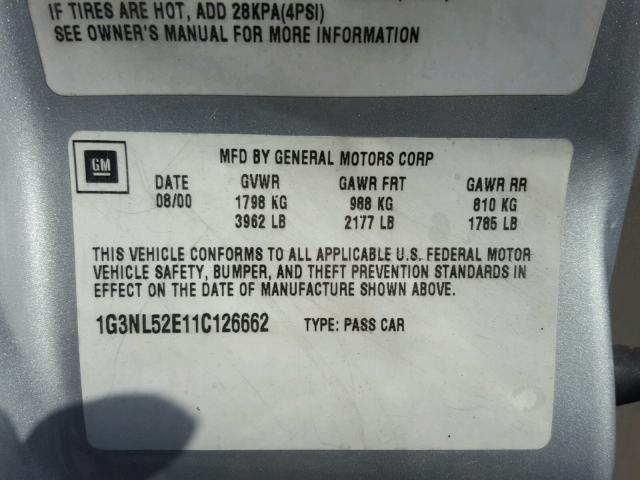 1G3NL52E11C126662 - 2001 OLDSMOBILE ALERO GL GRAY photo 10